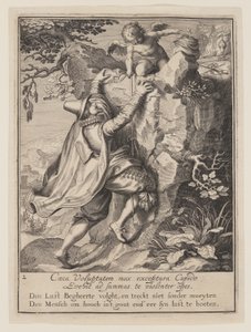 Un joven sube una ladera ayudado por Cupido, de Alegoría del mal uso de los bienes mundanos de Willem van Swanenburgh