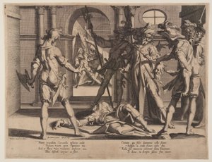 Decapitación del juez romano Papiniano, lámina 5 de Tronos de Justicia (Thronus Iustitiae) de Willem van Swanenburgh