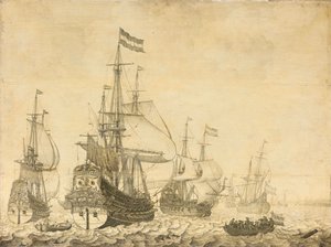 Paisaje marino con los hombres de guerra holandeses, incluyendo el Drenthe y el Prince Frederick-Henry de Willem van de Velde (I)
