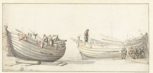 Estudio de dos barcos de pesca con figuras