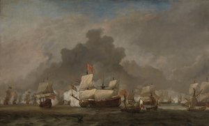 Batalla naval entre Michiel Adriaensz de Ruyter y el Duque de York en el Royal Prince durante la batalla de Solebay, 7 de junio de 1672: episodio de la Tercera Guerra Anglo-Holandesa de Willem van de Velde (II)