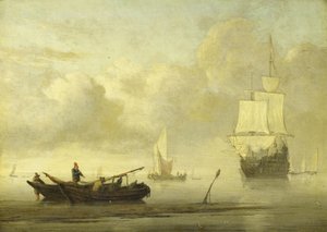 Barcos cerca de la costa durante una calma de Willem van de Velde (II)