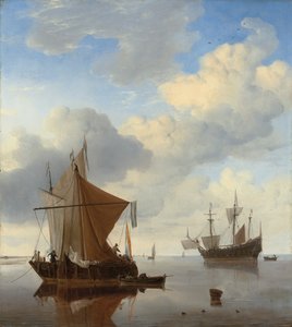 Una calma - un smalschip y un kaag anclados con un barco de guerra inglés más allá