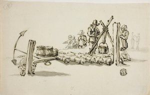 Hombres con cañones, barriles de pólvora y un ancla de Willem van de Velde I