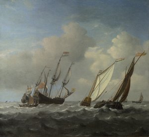 Un barco holandés, un yate y embarcaciones más pequeñas en una brisa, c. 1660 de Willem van de Velde the Younger