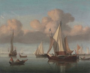 Un Kaag anclado con las velas izadas y un yate de Estado y otras embarcaciones de Willem van de Velde the Younger