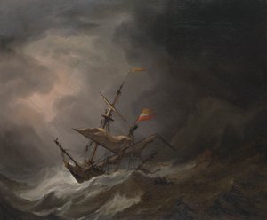 Un bergantín mediterráneo a la deriva en una costa rocosa durante una tormenta, c.1700 (óleo sobre lienzo) de Willem van de Velde the Younger