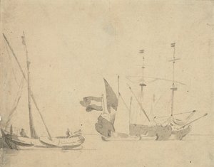 Un boeier en un muelle y un barco holandés anclado, c.1665 (aguada gris) de Willem van de Velde the Younger