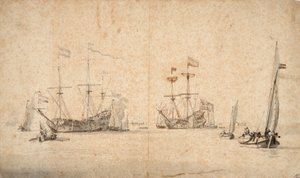 Un kaag corriendo libre y dos buques insignia holandeses anclados, c.1665 (pluma, tinta marrón, aguada gris) de Willem van de Velde the Younger