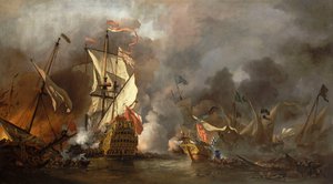Un barco inglés en acción con piratas berberiscos de Willem van de Velde the Younger