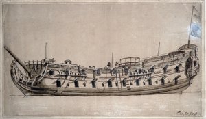 Barco británico de cuarta clase, con 42 cañones, construido hacia 1675. Dibujo a tinta de Willem van de Velde el Joven (1633-1707) de Willem van de Velde the Younger