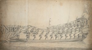 Retrato del "Grafton", de tercera clase, construido en 1679 y reconstruido en 1700, c.1680 (grafito, aguada gris) de Willem van de Velde the Younger