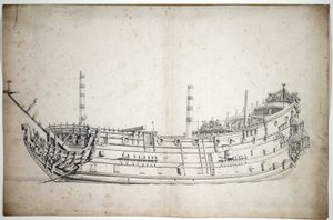 Retrato del navío "Triumph" (o "Saint George"), de 70 cañones, construido en 1623, con una figura principal que representa a Neptuno y dos caballitos de mar, con tres cubiertas completas. de Willem van de Velde the Younger