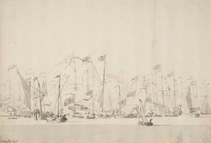Espectáculo fluvial en la Y de Amsterdam en honor del Príncipe de Orange, 5/15 de junio de 1660, c.1675 (pluma, aguada)