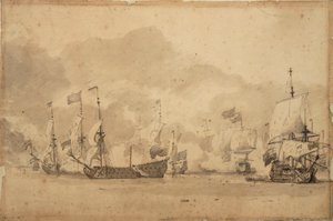 La batalla de Texel (Kijkduijn), 11-21 de agosto de 1673, c.1673 (grafito, aguada gris) de Willem van de Velde the Younger