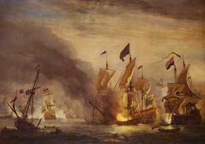 El incendio del HMS "Royal James" en la batalla de Solebay, 28 de mayo de 1672, finales del siglo XVII (óleo sobre lienzo) de Willem van de Velde the Younger