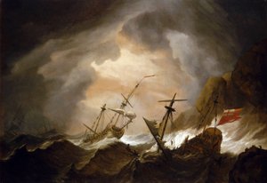 Dos barcos británicos naufragan en la tormenta cerca de una costa rocosa. Óleo sobre lienzo, hacia 1700, de Willem van de Velde (1633-1707). de Willem van de Velde the Younger