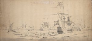 Una flota holandesa tendida en la brisa: un consejo de guerra, c.1665 (grafito, aguada gris) de Willem van de the Elder Velde