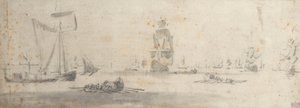 Un galliot con viento ligero y varias barcazas, c.1681 (grafito, aguada gris) de Willem van de the Elder Velde