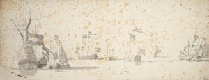 Un yate de los Estados y barcos holandeses anclados, c.1664 (grafito, aguada gris)