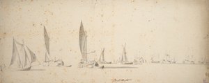 Un barco de tiro, wijdschips y waterschips en una ligera brisa, c.1664 (grafito, aguada gris) de Willem van de the Elder Velde