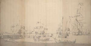 Un weyschuit siendo arrastrado a tierra en un puerto abarrotado, c.1672 (grafito) de Willem van de the Elder Velde