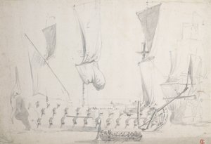 Un cuarto inglés en aires ligeros, c.1681 (grafito, aguada gris) de Willem van de the Elder Velde
