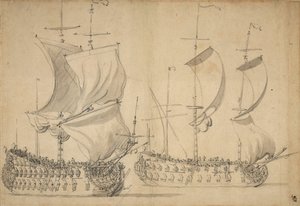 Un inglés de tercera y cuarta clase a vela fácil, c.1677 (lápiz, aguada)