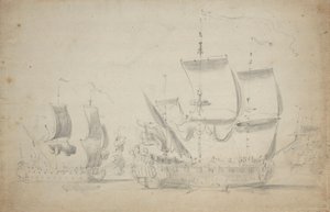 Un dos pisos inglés a vela fácil, c.1675 (lápiz, aguada) de Willem van de the Elder Velde
