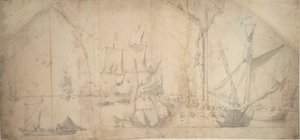 Un yate inglés fondeado enrollando velas de Willem van de the Elder Velde
