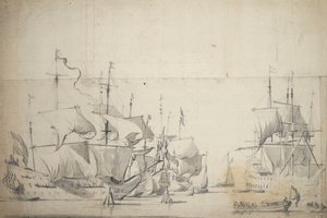 Barcos de combate holandeses secando velas, c.1658 (grafito, aguada gris) de Willem van de the Elder Velde