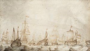 Pesqueros holandeses de arenques en el Mar del Norte. Dibujo a tinta y aguada (27,4x47,6 cm) de William van de Velde el Viejo (hacia 1611-1693), hacia 1650.