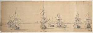 Barcos holandeses anclados en una costa baja, c.1658 (grafito, aguada gris) de Willem van de the Elder Velde