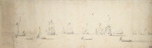 Barcos holandeses anclados frente a tierra, c.1664 (grafito, aguada gris) de Willem van de the Elder Velde