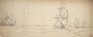 Barcos holandeses bajando hacia la flota principal, ¿mayo 1672, c.1672 (grafito, aguada gris) de Willem van de the Elder Velde