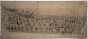 Retrato del navío "London", construido en 1670, barco de primera clase con 96 cañones. Dibujo y temple hacia 1676, por Willem van de Velde l