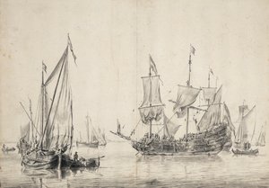 Veleros y una fragata holandesa secando sus velas. Dibujo y aguada (26x37 cm), por William van de Velde l