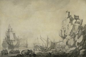 Barcos y milicia en una costa rocosa, c.1680