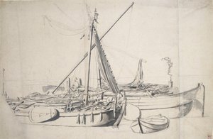 Estudio de un "damlooper" y una "smalschip" tumbados uno al lado del otro, c.1665 (grafito, aguada gris) de Willem van de the Elder Velde