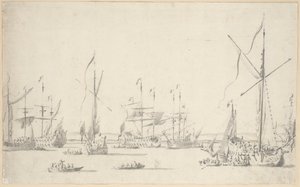 Los yates y barcos anclados cerca de Sheerness, c.1677 (grafito, aguada gris) de Willem van de the Elder Velde