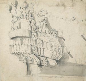 La popa del "Hampton Court", c.1685 (grafito, aguada gris) de Willem van de the Elder Velde