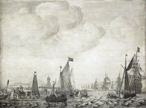 Buques mercantes con destino a Oriente y su escolta, saliendo de Vlie (o Vliestroom), ruta marítima entre las islas de Vlieland y Treschelling (Holanda), 9 de junio de 1645. de Willem van de the Elder Velde