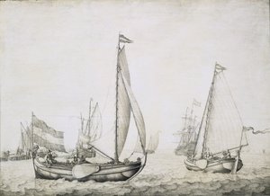 Dos barcos holandeses en la salida, probablemente en el puerto de Amsterdam (Holanda). Grisalla sobre madera, hacia 1660, por Willem van de Velde (1611-1693).
