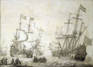 Dos barcos mercantes de la Compañía Holandesa de las Indias Orientales abandonan la costa con viento en calma. Grisalla sobre madera de Willem van de the Elder Velde