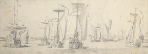 Visita de Carlos II al "Tigre" en Woolwich: Los yates doblando un recodo del río de Willem van de the Elder Velde