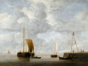 Un Hoeker holandés anclado cerca de un muelle c.1665 (óleo sobre tabla)
