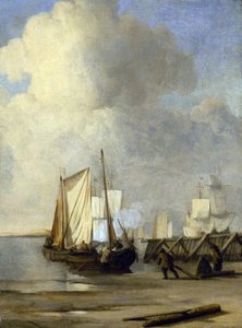 Un Kaag en la orilla, embarcación holandesa utilizada para la navegación por vías navegables interiores. Óleo sobre lienzo de Willem van de Velde the Younger