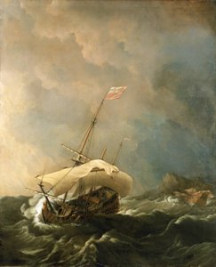 Barco británico con viento tempestuoso, intentando escapar de la costa rocosa. Óleo sobre lienzo de Willem van de Velde the Younger