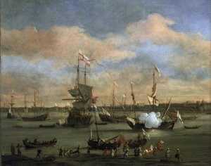 Buque mercante británico en un puerto del mar Mediterráneo. Óleo sobre lienzo