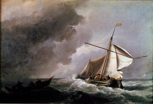 Barco holandés bajando velas esperando un bote salvavidas. Pintura de Willem Van de Velde el joven (1633-1707) 1660. Londres, National gallery de Willem van de Velde the Younger